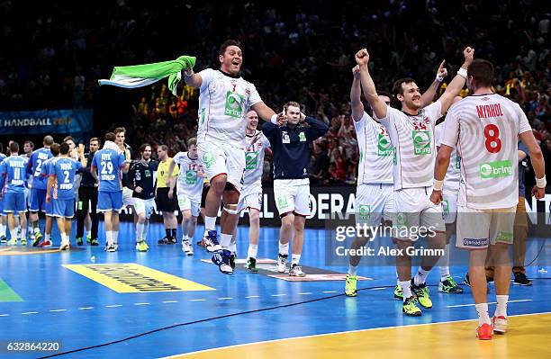 Team members of Norway celebrate during the 25th IHF Men's World Championship 2017 Semi Final match between Croatia and Norway at Accorhotels Arena...