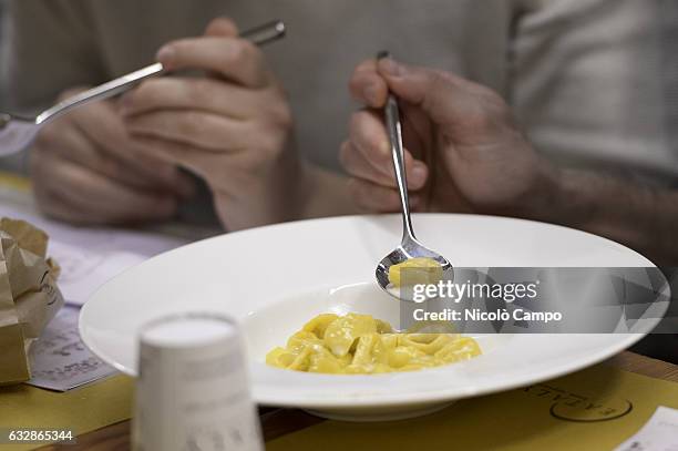 Plate of Tortellini cooked by Massimo Bottura during the celebration for Eataly 10th anniversary. Eataly is the largest Italian marketplace in the...