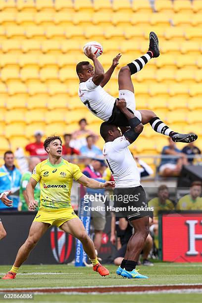 Osea Kolinisau of Fiji receives the kick-off in the pool match between Australia and Fiji during the 2017 Wellington Sevens at Westpac Stadium on...