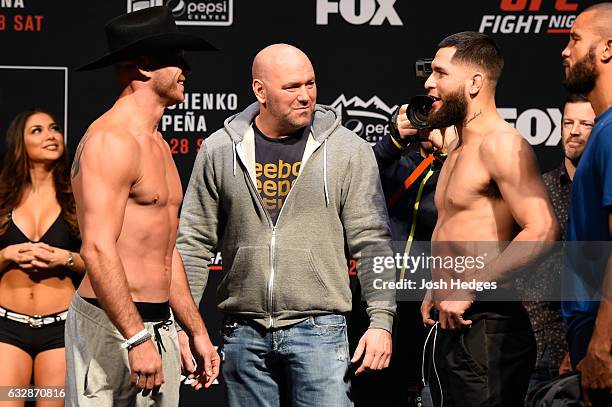 Donald Cerrone and Jorge Masvidal face off during the UFC Fight Night weigh-in at the Pepsi Center on January 27, 2017 in Denver, Colorado.