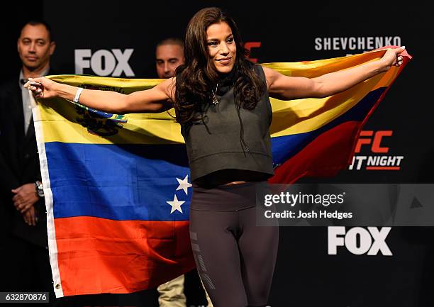 Julianna Pena walks onto the stage during the UFC Fight Night weigh-in at the Pepsi Center on January 27, 2017 in Denver, Colorado.