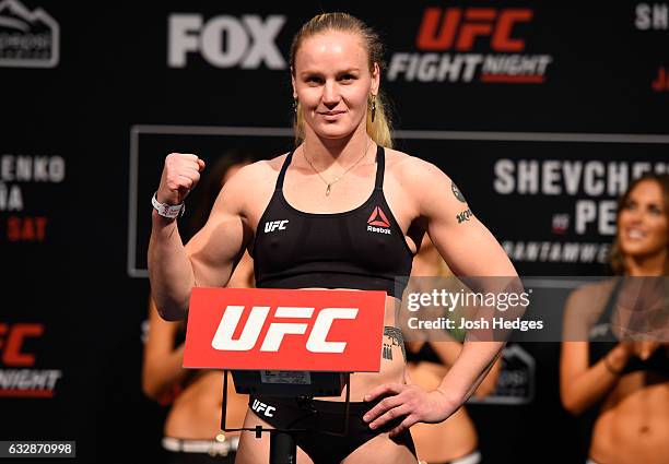 Valentina Shevchenko of Kyrgyzstan poses on the scale during the UFC Fight Night weigh-in at the Pepsi Center on January 27, 2017 in Denver, Colorado.