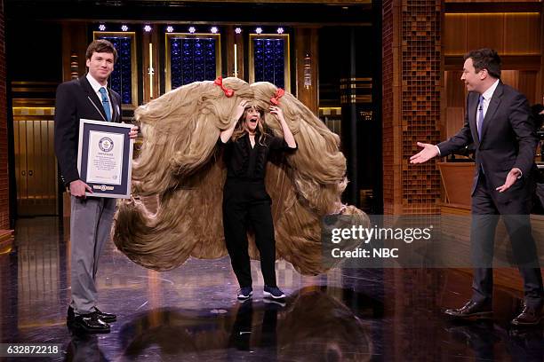 Episode 0612 -- Pictured: Actress Drew Barrymore and host Jimmy Fallon during Guinness World Records on January 27, 2017 --