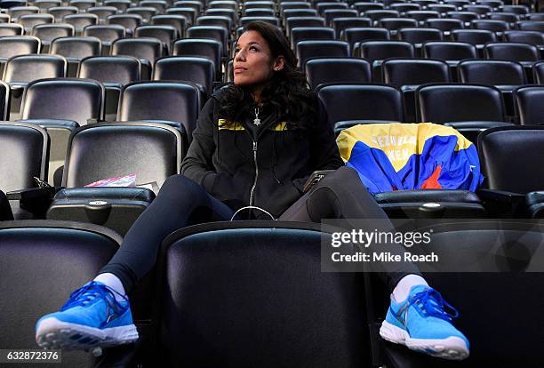 Julianna Pena relaxes backstage prior to the UFC Fight Night weigh-in at the Pepsi Center on January 27, 2017 in Denver, Colorado.