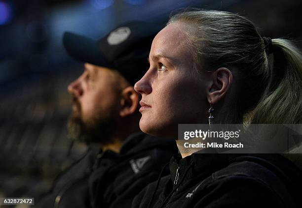 Valentina Shevchenko of Kyrgyzstan relaxes backstage prior to the UFC Fight Night weigh-in at the Pepsi Center on January 27, 2017 in Denver,...