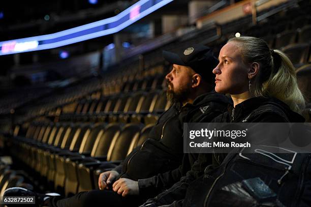 Valentina Shevchenko of Kyrgyzstan relaxes backstage prior to the UFC Fight Night weigh-in at the Pepsi Center on January 27, 2017 in Denver,...