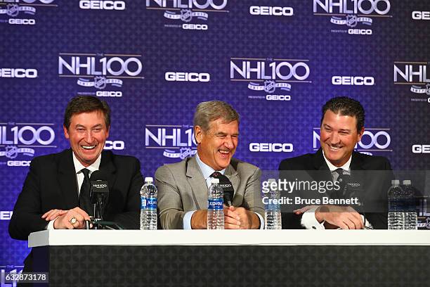 Former NHL players Wayne Gretzky, Bobby Orr and Mario Lemieux react during the NHL 100 - Media Availability as part of the 2017 NHL All-Star Weekend...