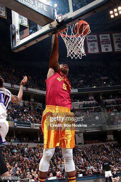 Lavoy Allen of the Indiana Pacers dunks the ball during the game against the Sacramento Kings on January 27, 2017 at Bankers Life Fieldhouse in...