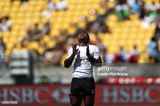 Jerry Tuwai of Fiji celebrates a try in the match between Fiji and Japan during the 2017 Wellington Sevens at Westpac Stadium on January 28, 2017 in...