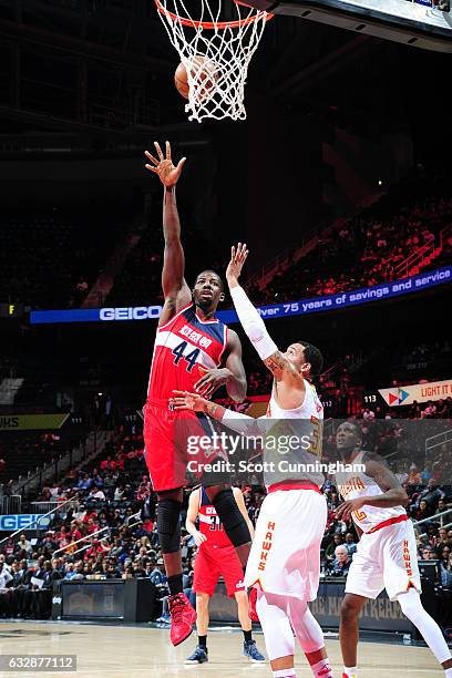 Andrew Nicholson of the Washington Wizards shoots the ball against the Atlanta Hawks on January 27, 2017 at Philips Arena in Atlanta, Georgia. NOTE...