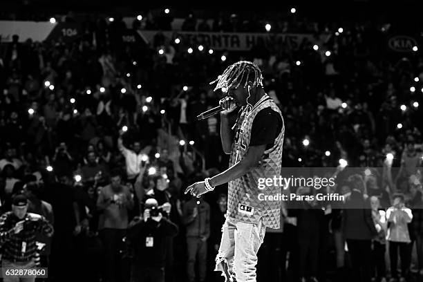 Rapper Lil Yachty performs at halftime during The Washington Wizards VS Atlanta Hawks Game at Philips Arena on January 27, 2017 in Atlanta, Georgia.