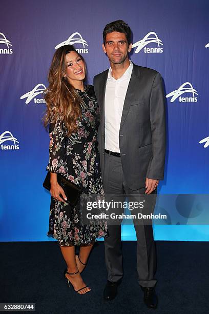 Mark Philippoussis and wife Silvana Lovin Philippoussis pose at the Legends Lunch during day thirteen of the 2017 Australian Open at Melbourne Park...