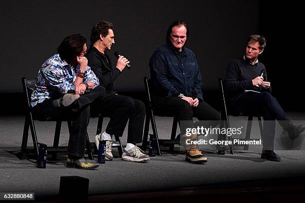Michael Madsen, Lawrence Bender, Quentin Tarantino and Sundance Film Festival Senior Programmer John Nein speak at the "Reservoir Dogs" 25th...