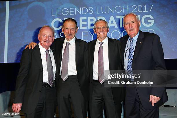 Rod Laver, Ashley Cooper, Roy Emerson and Neale Fraser pose at the Legends Lunch during day thirteen of the 2017 Australian Open at Melbourne Park on...