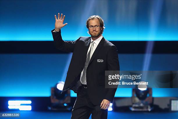 Former NHL player Chris Pronger is introduced during the NHL 100 presented by GEICO Show as part of the 2017 NHL All-Star Weekend at the Microsoft...