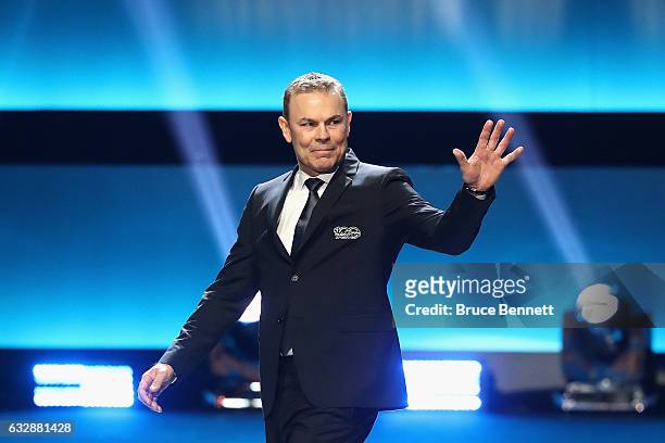 Former NHL player Adam Oates is introduced during the NHL 100 presented by GEICO Show as part of the 2017 NHL All-Star Weekend at the Microsoft...
