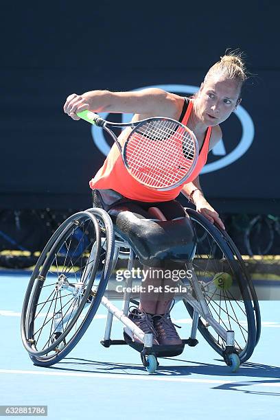 Jiske Griffioen of the Netherlands competes in the Women's Wheelchair Singles Final against Yui Kamiji of Japan during the Australian Open 2017...