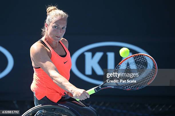 Jiske Griffioen of the Netherlands competes in the Women's Wheelchair Singles Final against Yui Kamiji of Japan during the Australian Open 2017...