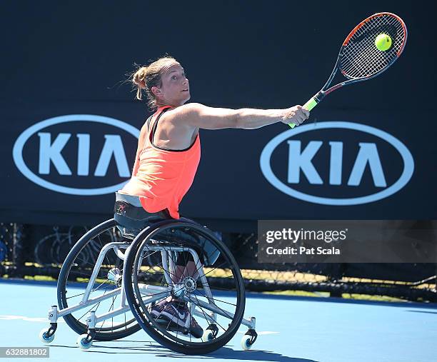 Jiske Griffioen of the Netherlands competes in the Women's Wheelchair Singles Final against Yui Kamiji of Japan during the Australian Open 2017...