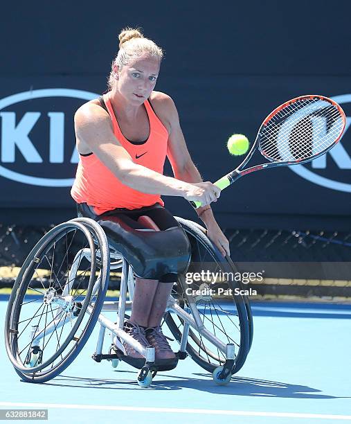 Jiske Griffioen of the Netherlands competes in the Women's Wheelchair Singles Final against Yui Kamiji of Japan during the Australian Open 2017...