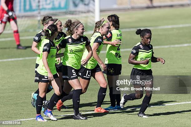 Camberra United's Ashleigh Sykes celebrates after scoring a penalty goal during the round 14 W-League match between Canberra United and Melbourne...