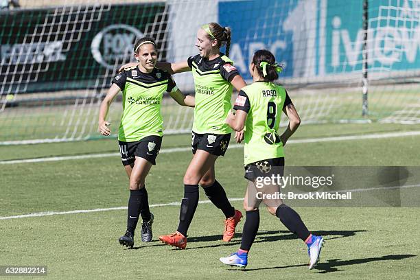 Camberra United's Ashleigh Sykes celebrates after scoring a penalty goal during the round 14 W-League match between Canberra United and Melbourne...