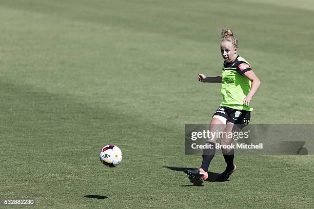 Celeste Bourellie of Canberra United passes the ball during the round 14 W-League match between Canberra United and Melbourne Victory at McKellar...