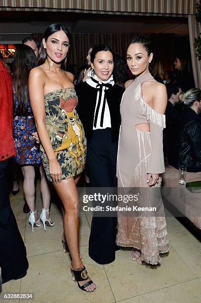 Eiza Gonzalez, Monique Lhuillier and Cara Santana attend Harpers BAZAAR celebration of the 150 Most Fashionable Women presented by TUMI in...