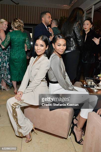 Jhene Aiko and Chanel Iman attend Harpers BAZAAR celebration of the 150 Most Fashionable Women presented by TUMI in partnership with American...