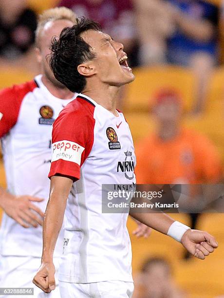 Jumpei Kusukami of the Wanderers celebrates scoring a goal during the round 17 A-League match between the Brisbane Roar and the Western Sydney...