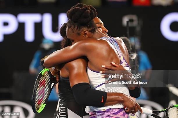 Serena Williams of the United States is congratulated by Venus Williams of the United States after winning the Women's Singles Final match against on...
