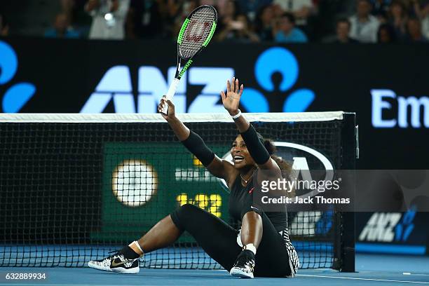 Serena Williams of the United States celebrates winning championship point in her Women's Singles Final match against Venus Williams of the United...
