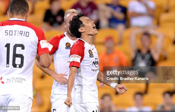 Jumpei Kusukami of the Wanderers celebrates scoring a goal during the round 17 A-League match between the Brisbane Roar and the Western Sydney...