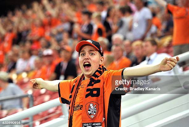 Roar fan shows his support during the round 17 A-League match between the Brisbane Roar and the Western Sydney Wanderers at Suncorp Stadium on...