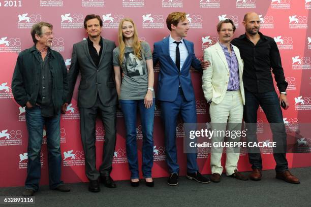 Actors John Hurt, Colin Firth, Svetlana Khodchenkova, Benedict Cumberbatch, Gary Oldman and Mark Strong pose during the photocall of "Tinker, Tailor,...