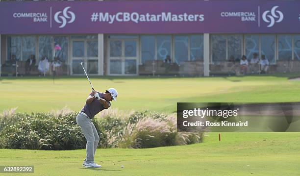 Rafa Cabrera-Bello of Spain on the 18th hole during the third round of the Commercial Bank Qatar Masters at Doha Golf Club on January 28, 2017 in...