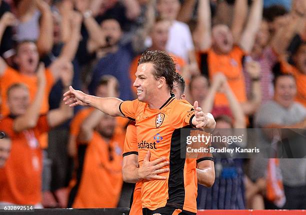 Brett Holman of the Roar celebrates scoring a goal during the round 17 A-League match between the Brisbane Roar and the Western Sydney Wanderers at...