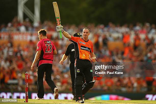 Michael Klinger of the Scorchers celebrates his half century during the Big Bash League match between the Perth Scorchers and the Sydney Sixers at...