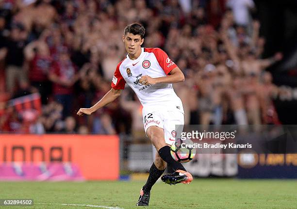 Jonathan Aspropotamitis of the Wanderers passes the ball during the round 17 A-League match between the Brisbane Roar and the Western Sydney...