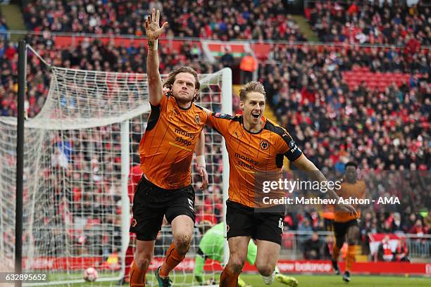 Richard Stearman of Wolverhampton Wanderers celebrates after scoring a goal to make it 0-1 during The Emirates FA Cup Fourth Round between Liverpool...