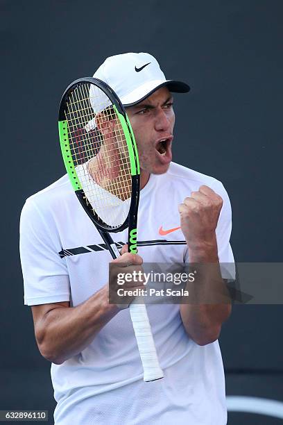 Yshai Oliel of Israel celebrates in his Junior Boys Singles Final against Zsombor Piros of Hungary during the Australian Open 2017 Junior...