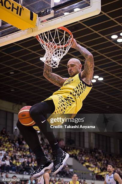 Robert Sacre of the SunRockers dunks during the B. League game between Hitachi SunRockers Tokyo-Shibuya and Tochigi Brex at Aoyama Gakuin University...