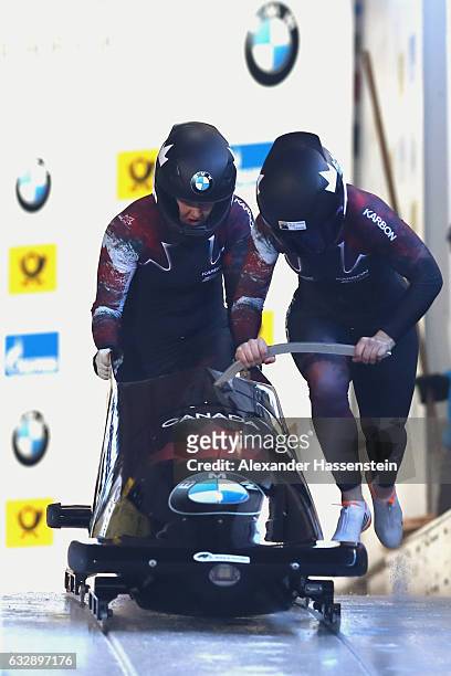 Alysia Rissling and Melissa Lotholz of Canada competes during the Women's Bobsleight first run of the BMW IBSF World Cup at Deutsche Post Eisarena...