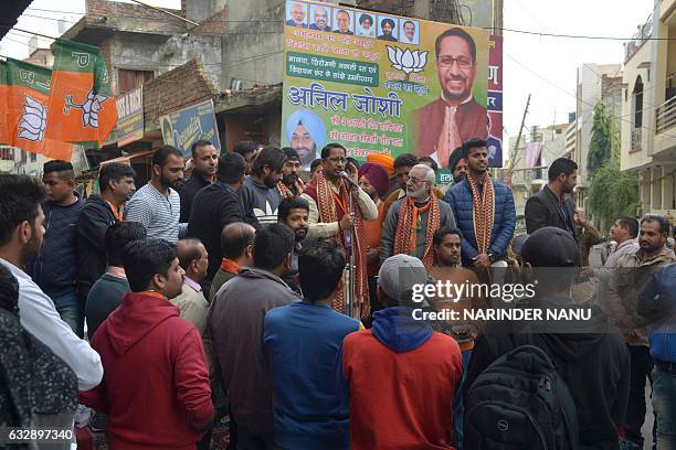 Bhartiya Janata Party candidate for Member of the Legislative Assembly in Punjab, Anil Joshi campaigns in Amritsar on January 28, 2017. State...