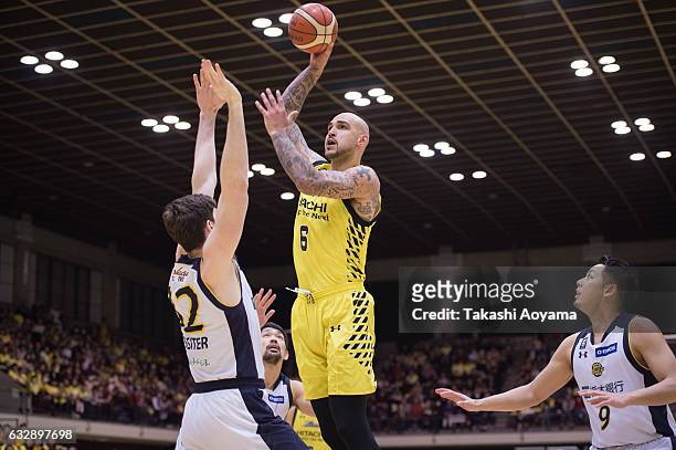 Robert Sacre of the SunRockers goes up for a shot during the B. League game between Hitachi SunRockers Tokyo-Shibuya and Tochigi Brex at Aoyama...