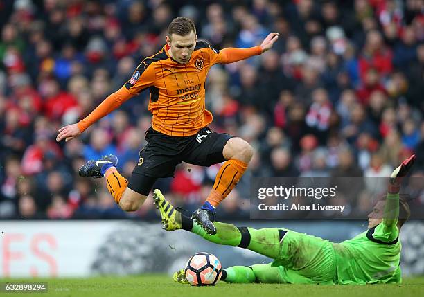 Andreas Weimann of Wolverhampton Wanderers scores his sides second goal during the Emirates FA Cup Fourth Round match between Liverpool and...