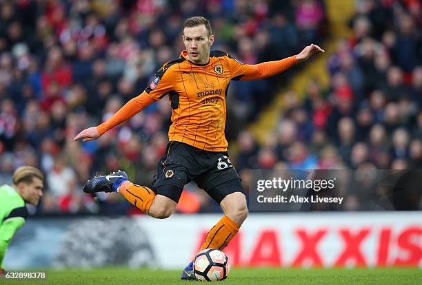 Andreas Weimann of Wolverhampton Wanderers scores his sides second goal during the Emirates FA Cup Fourth Round match between Liverpool and...