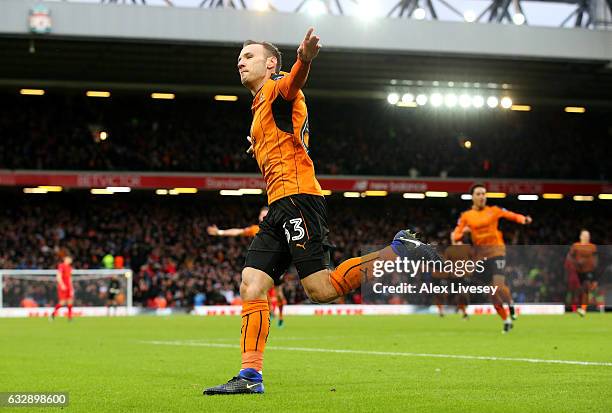 Andreas Weimann of Wolverhampton Wanderers celebrates after scoring his sides second goal during the Emirates FA Cup Fourth Round match between...