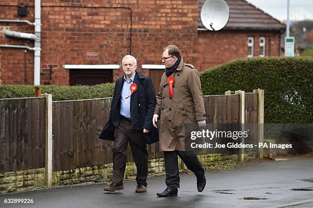 Labour Party leader Jeremy Corbyn and candidate Gareth Snell walk down Dawlish Drive during the party's campaign trail for the Stoke-on-Trent Central...