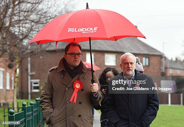 Labour Party leader Jeremy Corbyn and candidate Gareth Snell walk down Dawlish Drive during the party's campaign trail for the Stoke-on-Trent Central...